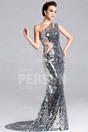 Silver Sheer Sequined Formal Dress with One Shoulder Design