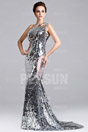 Silver Sheer Sequined Formal Dress with One Shoulder Design