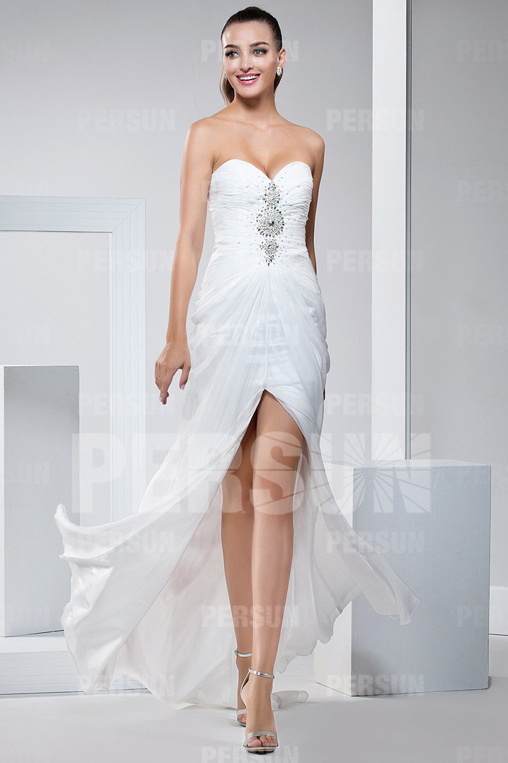 Split front White Formal Dress with Sweetheart neckline