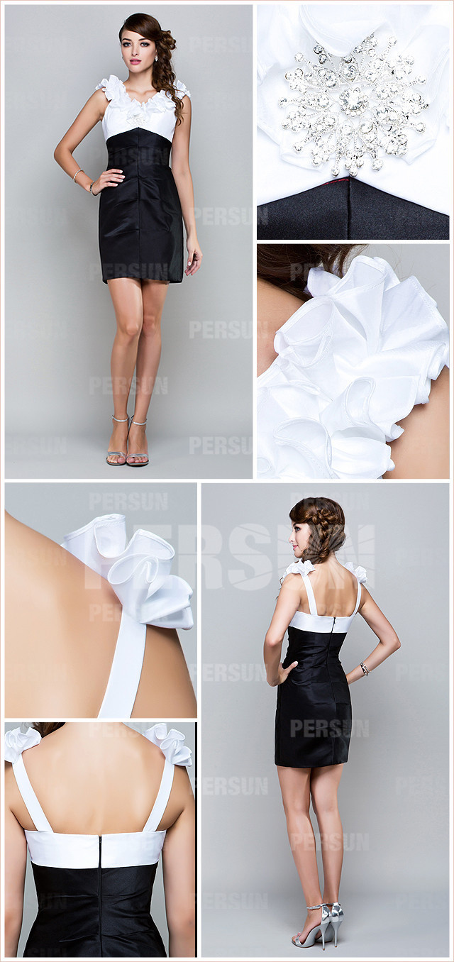  Chic white and black formal dress with ruffles V neck detail design