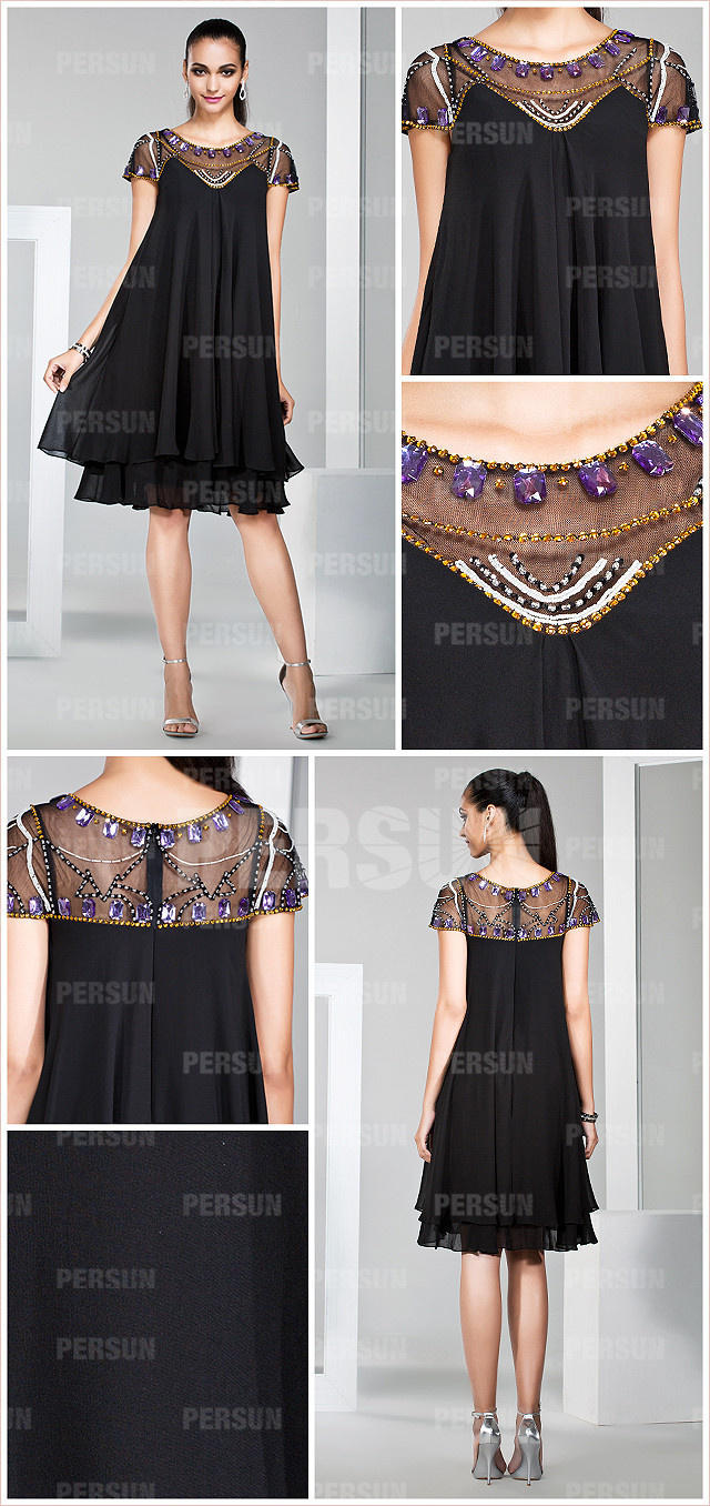  Knee length short sequins chiffon formal dress with jewel neckline detail design