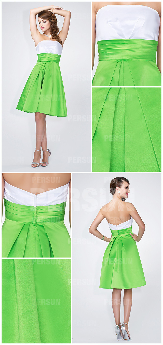 Short white and Green color blocked a line bateau ruching bridesmaid dress