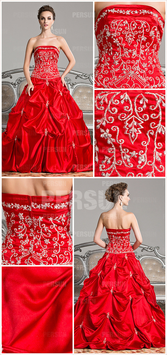  Vintage bateau satin red ball gown embroidery court train formal dress details