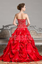 Red princess formal dress with pick up skirt and embroidery