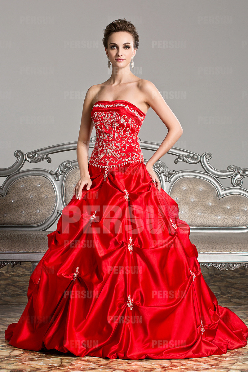 Red princess formal dress with pick up skirt and embroidery