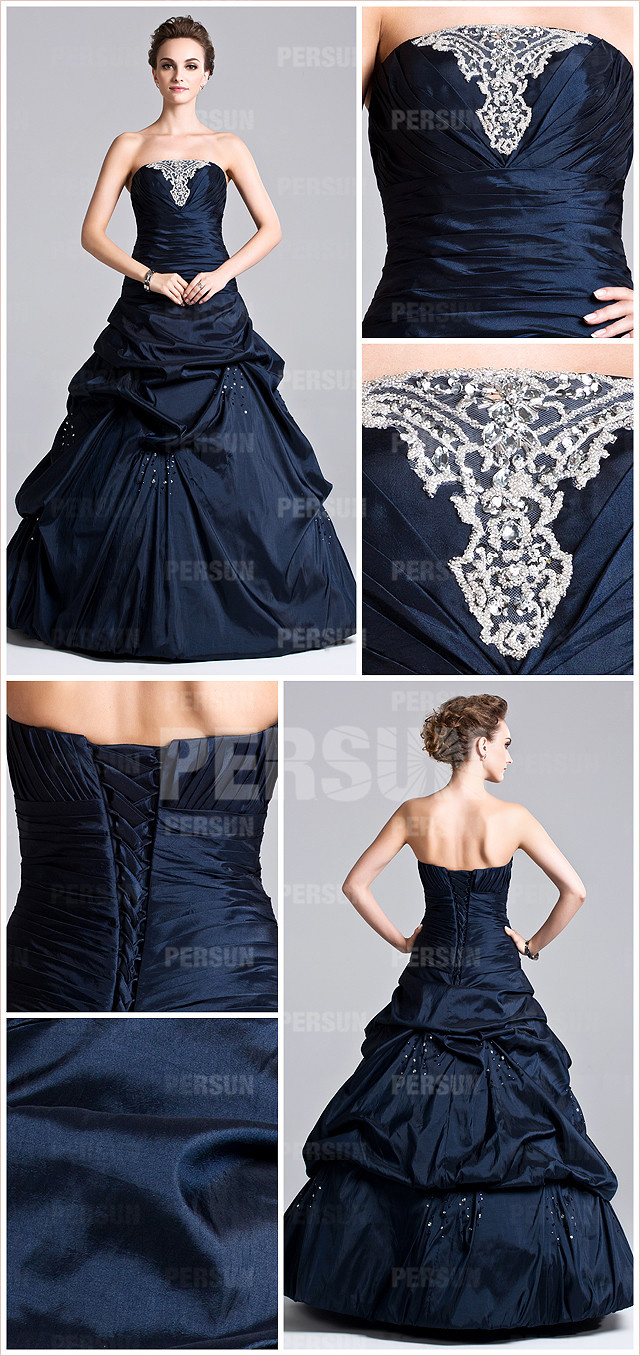  Princess evening dress with pick up skirt and appliques pleated bust detail design