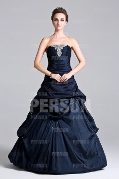 Princess evening dress with pick up skirt and appliques pleated bust