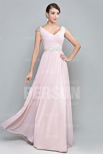 Robe longue rose plisse et ceinture  mancherons bijouts