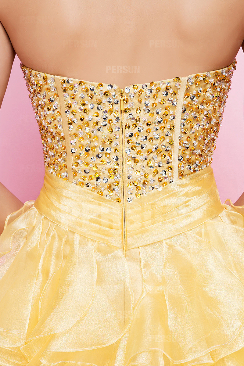 Yellow tone High low Corset Short Prom Dress with Beading