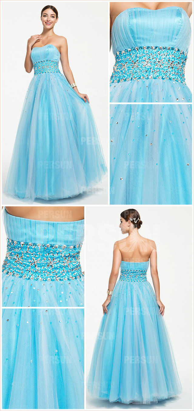  Blue tone tulle sweet 16 dress with beaded waistline detail design