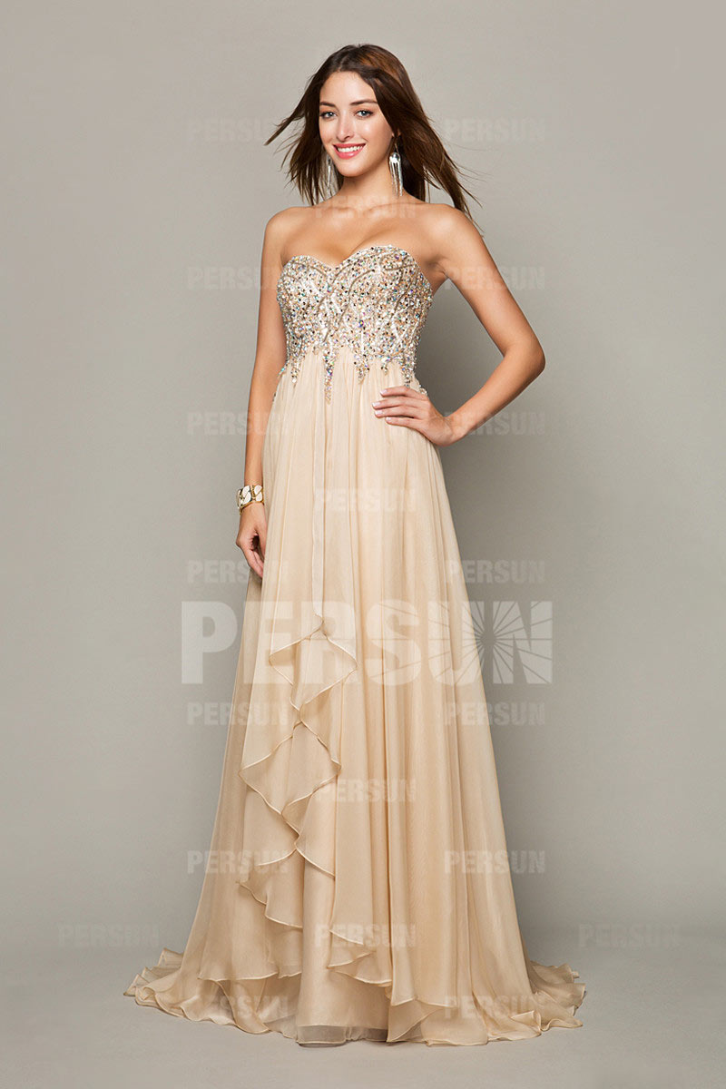 Cream Exquisite Beading Prom Dress with Dissymmetrical Skirt