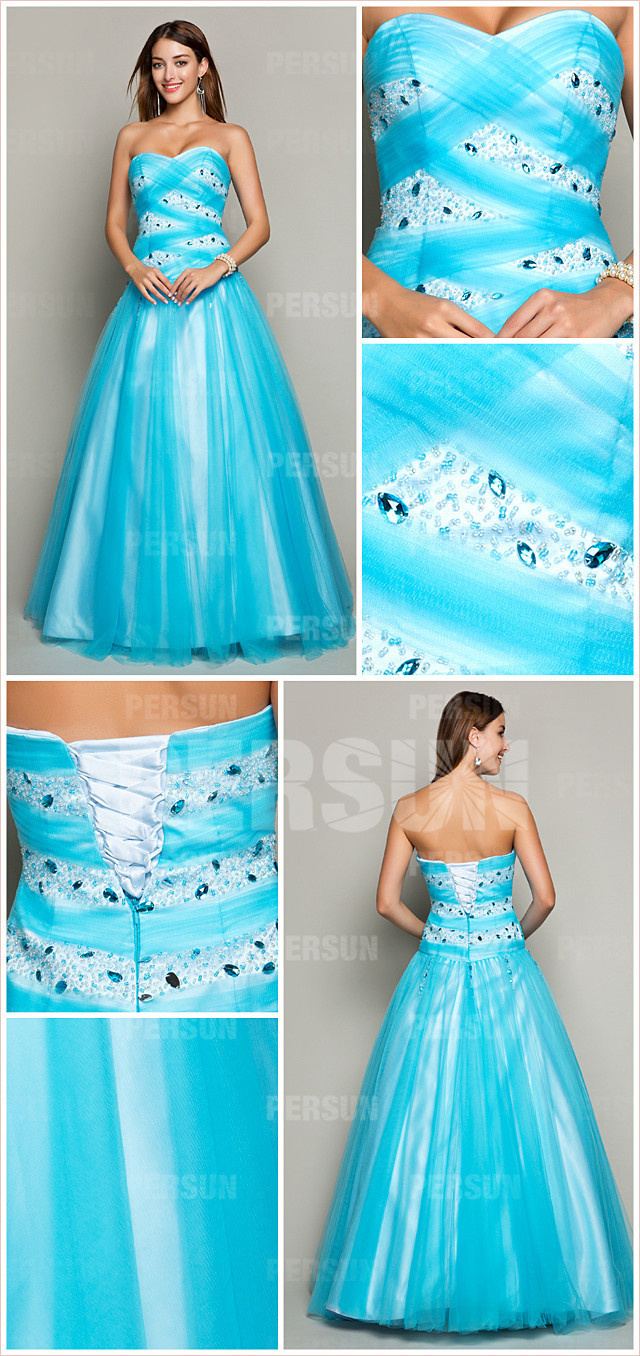  Sweetheart blue long beaded tulle formal ball gown detail design
