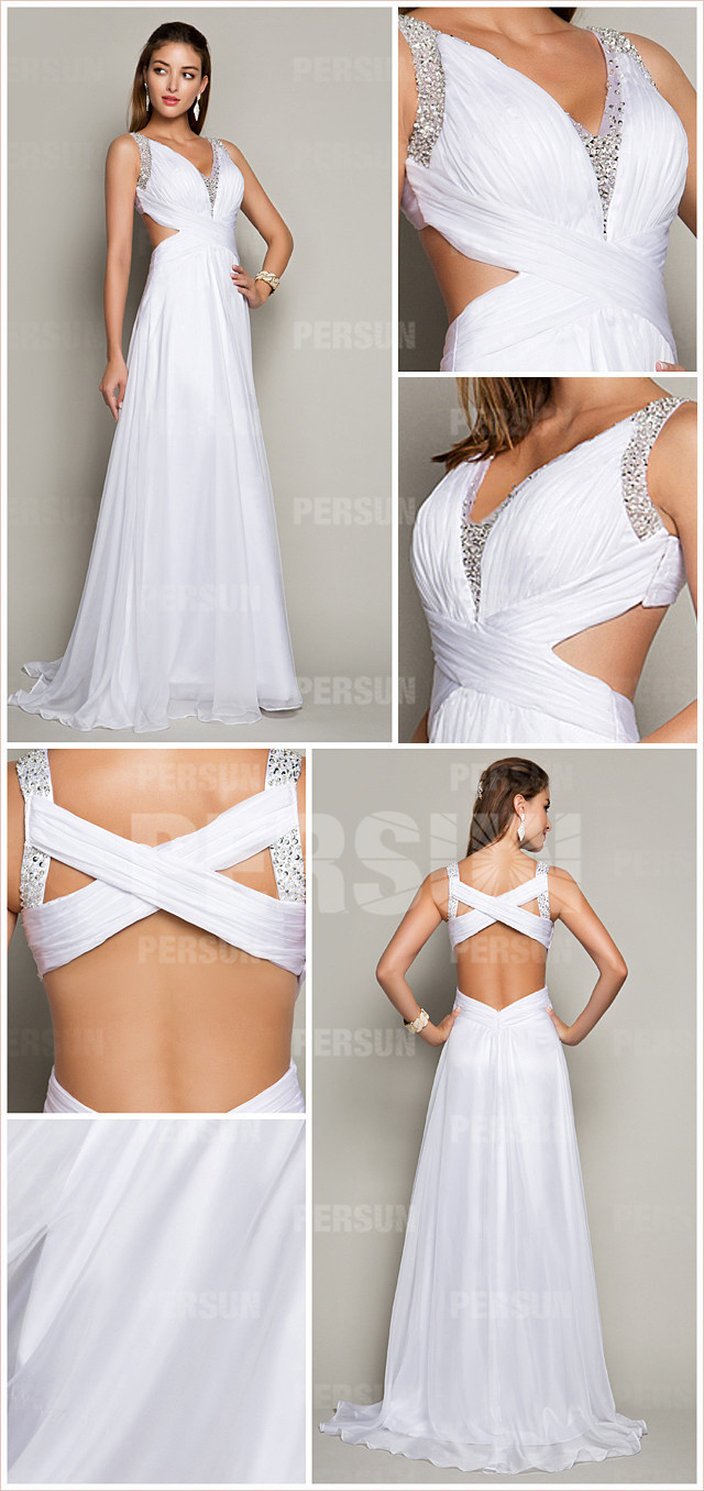  Sexy Backless Beaded V neck White Long Formal Evening Gown detail design