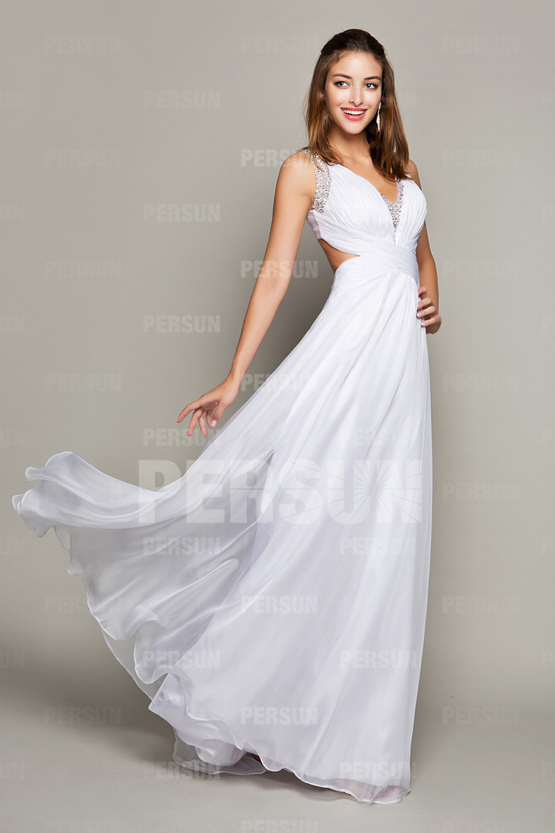 Sexy Backless Beaded V neck White Long Prom Gown