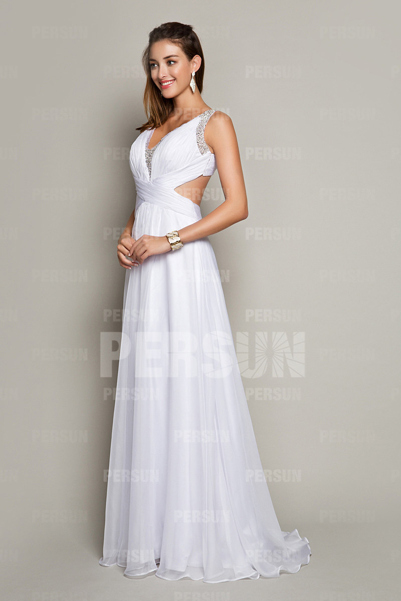 Sexy Backless Beaded V neck White Long Prom Gown