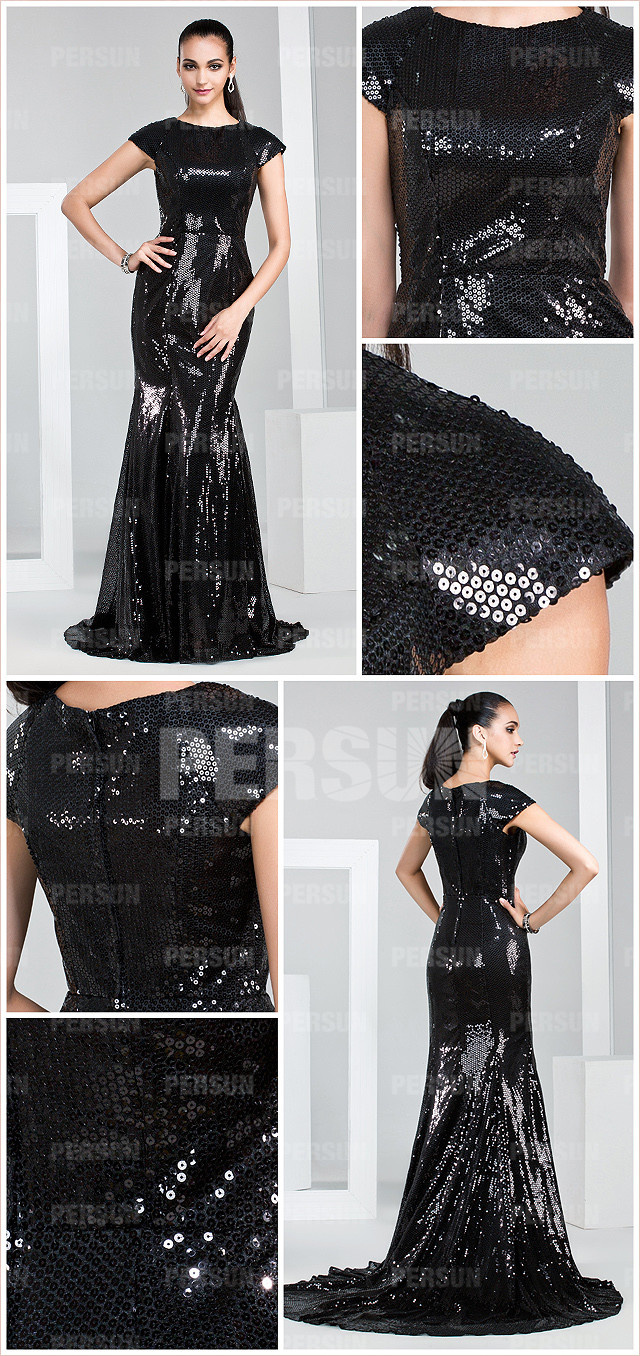  Black Elegant Sheath Cap sleeve Sequins Court train Evening Dress