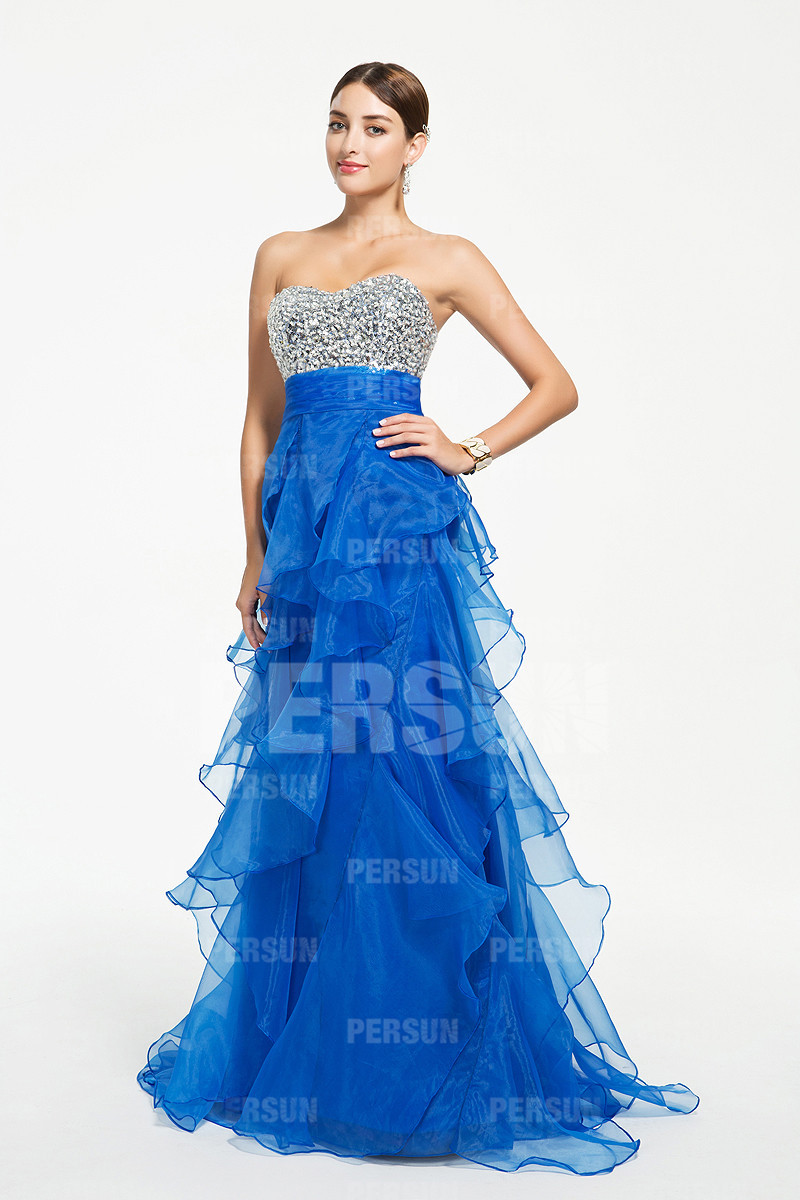 Gorgeous Beading Ruffle Open Back Blue Formal Dress