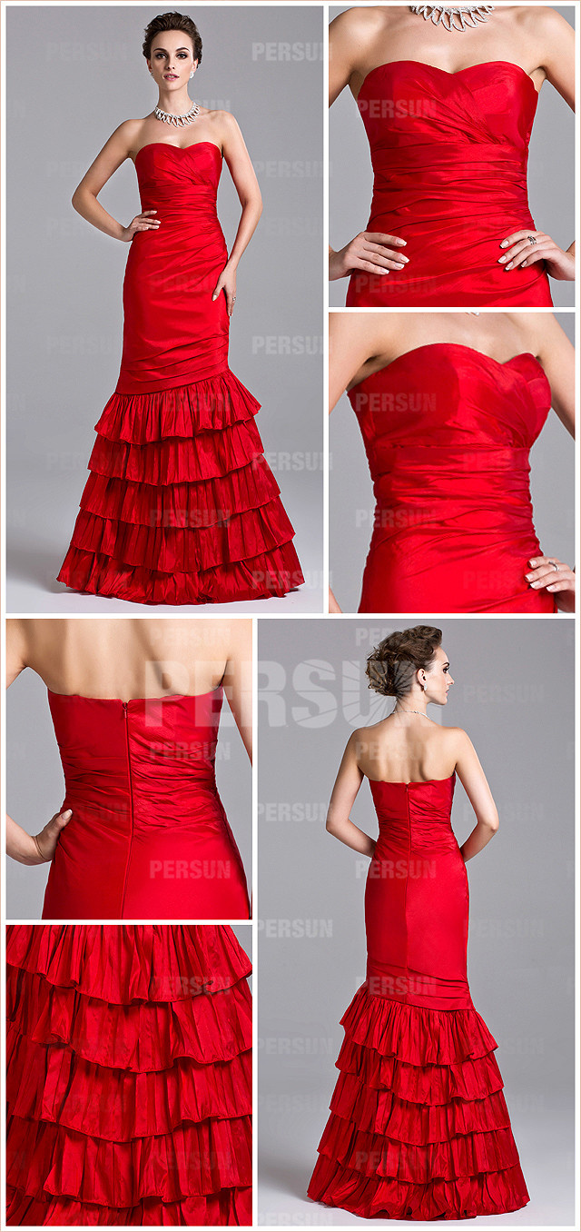  Vintage trumpet taffeta tiers red gown long formal evening dress detail design