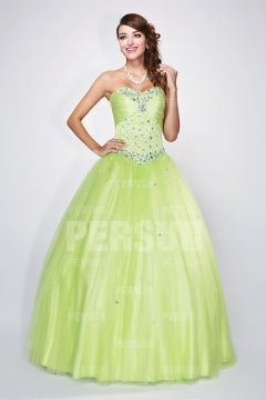 Formal Corset Ball Gown in green tone with beaded bodice