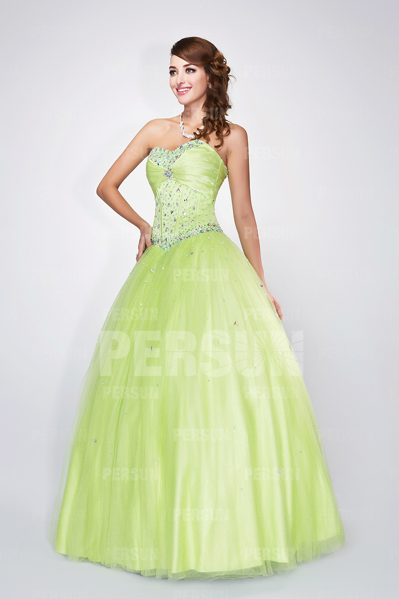 Formal Corset Ball Gown in green tone with beaded bodice