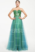 Green Tone Glittering Beaded bodice Tulle Prom / Evening Dress with ribbon