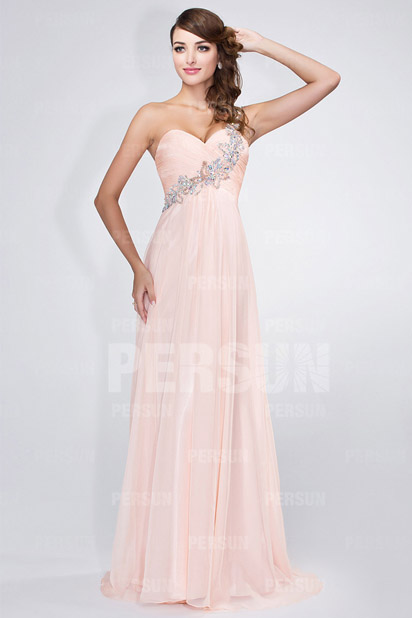 Robe de soirée longue pastel bustier brodé asymétrique