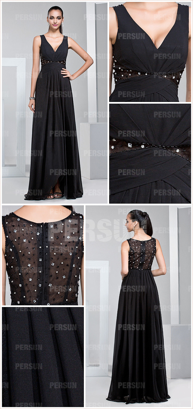  Simple v neck sheer back black chiffon long sequins formal evening dress detail design