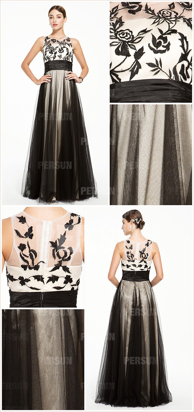  Bicolor Full length Formal Evening Dress with Flower Embroidery front and back details from Dressesmallau.com
