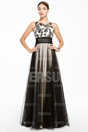 Bicolor Full length Prom Dress with Flower Embroidery