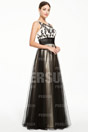 Bicolor Full length Prom Dress with Flower Embroidery