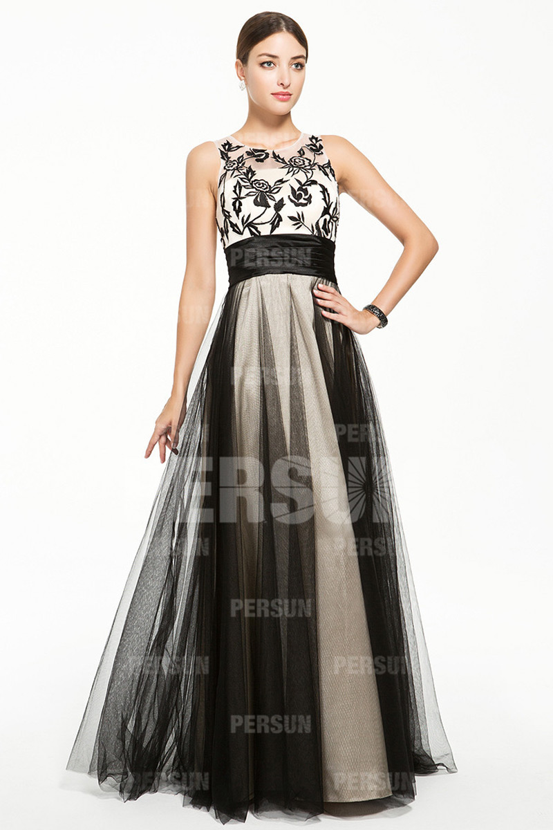 Bicolor Full length Prom Dress with Flower Embroidery