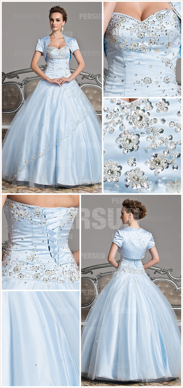  Vintage sweetheart tulle ball gown sequins blue formal dress detail design