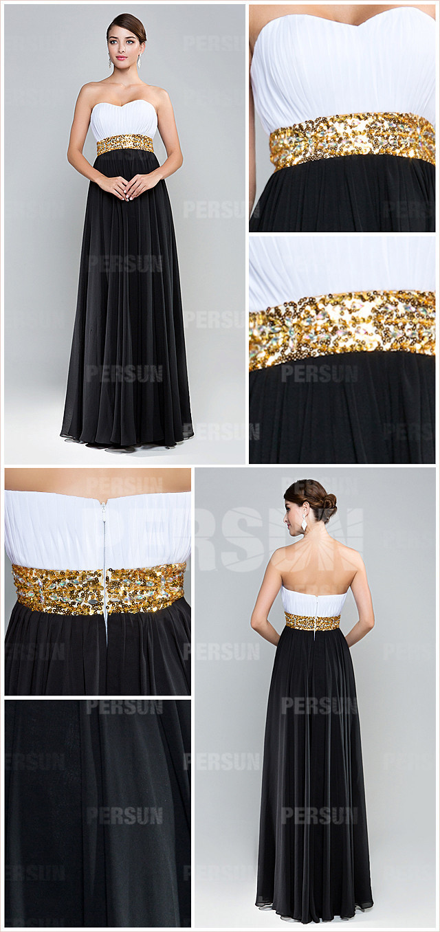  Color blocked long sweetheart formal dress with sequin waistline detail design