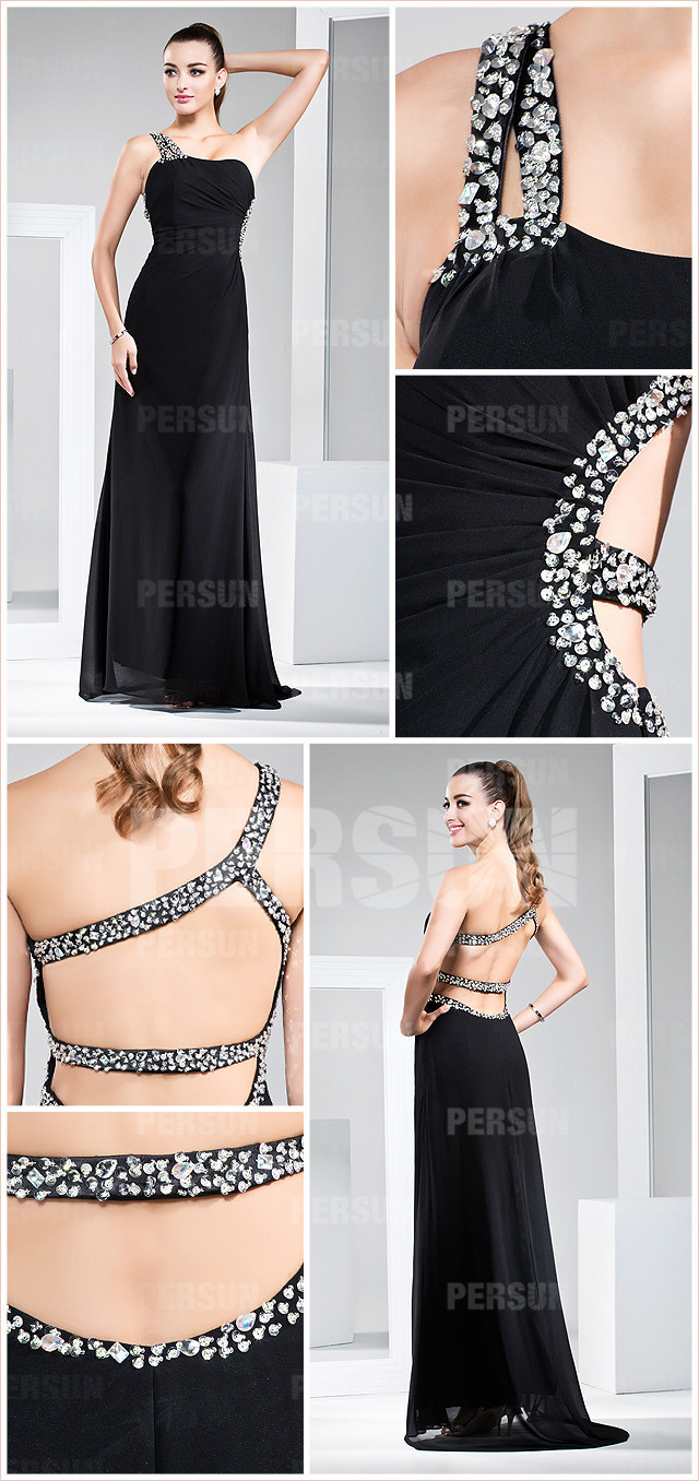  Sexy one shoulder split front chiffon Cut out Black backless evening dress details design
