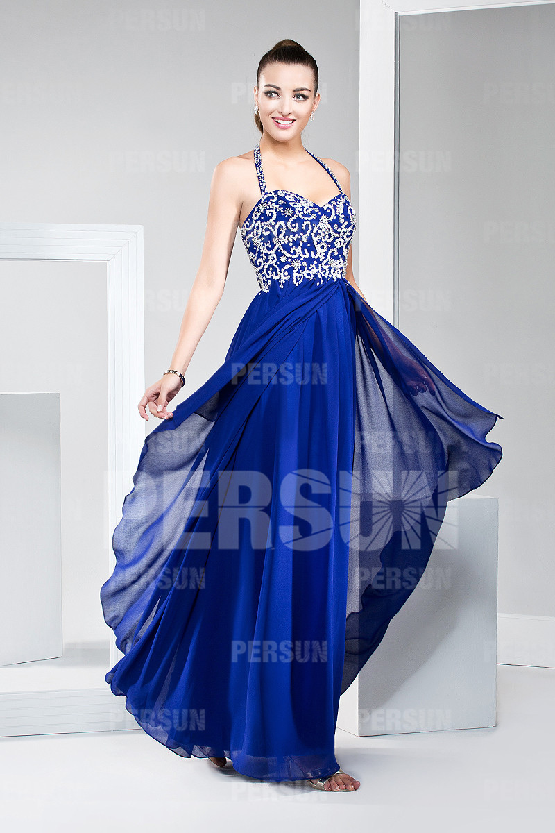 Modern Halter Blue Tone Floor Length Formal Evening Dress