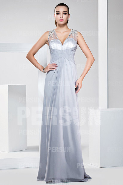 Beaded V neck Chiffon Gray Formal Dress with sheer back