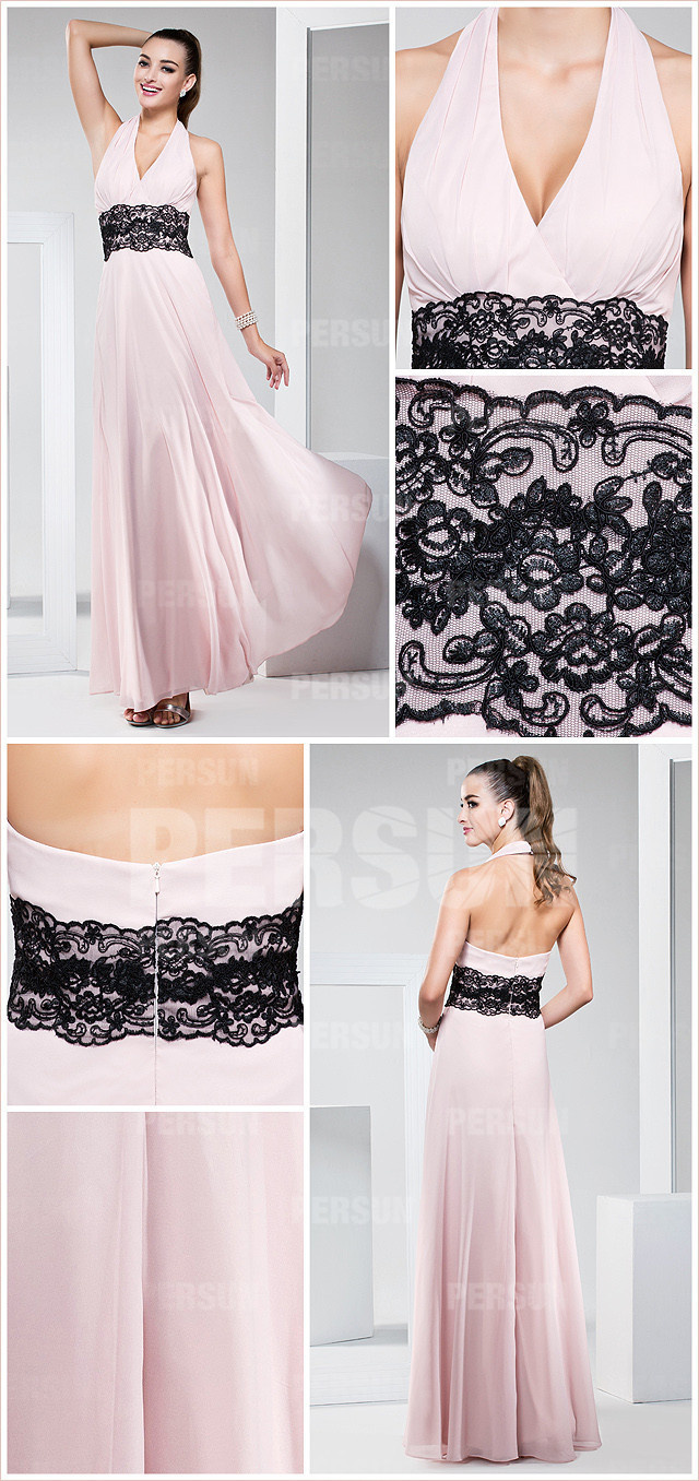  Sexy halter chiffon appliques long a line empire pink formal dress details design