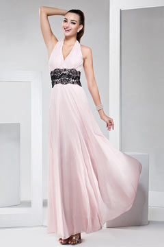 Sexy Halter Chiffon Appliques Long Pink Formal Dress