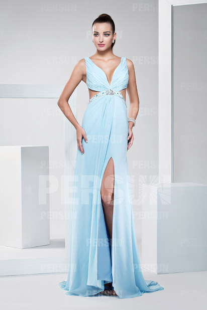 Dressesmall Sexy Beaded V neck Light blue formal dress with backless design