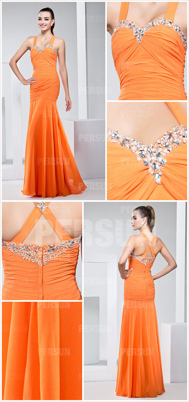  Gorgeous chiffon orange straps long sequins evening dress detail design