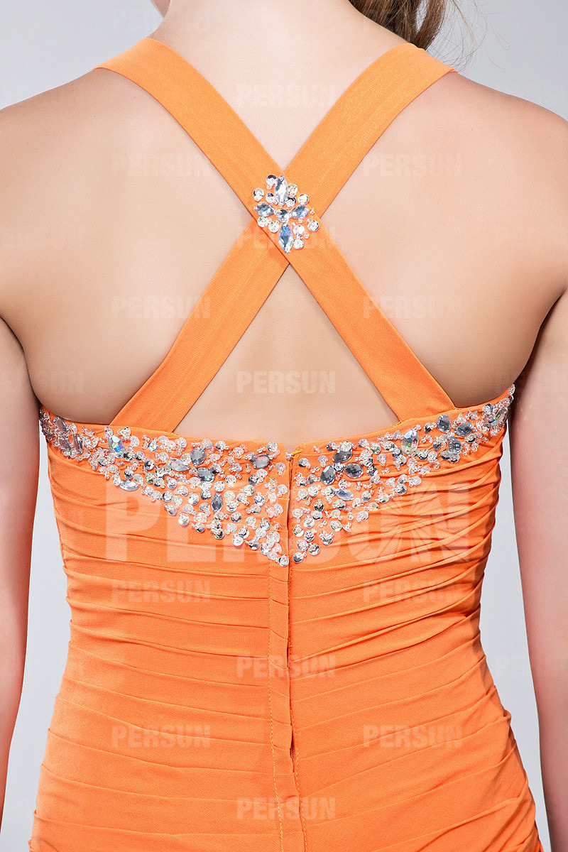 Mermaid Chiffon Ruched Orange Formal Dress with Straps