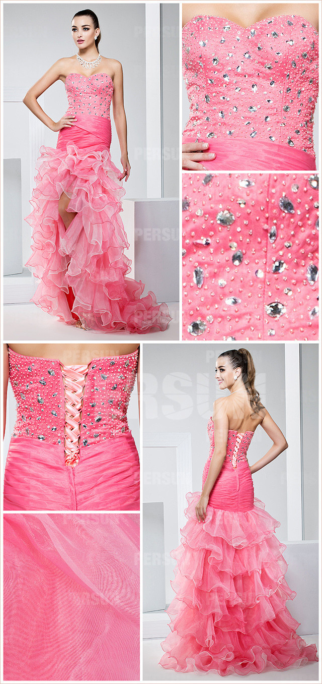  red ruffles beading high low formal dress details