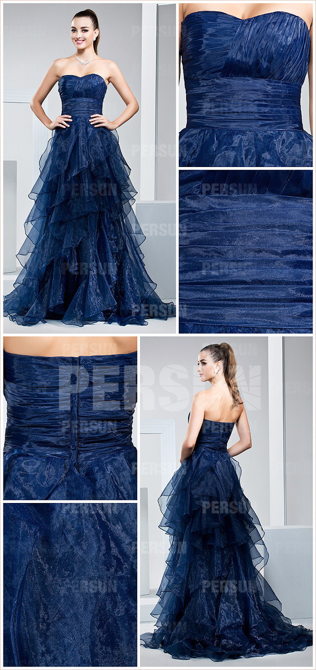  Pretty organza strapless ruffles sweep train blue formal dress back details