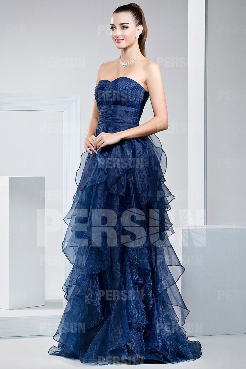 Pretty Organza Strapless Ruffles Blue Formal Dress