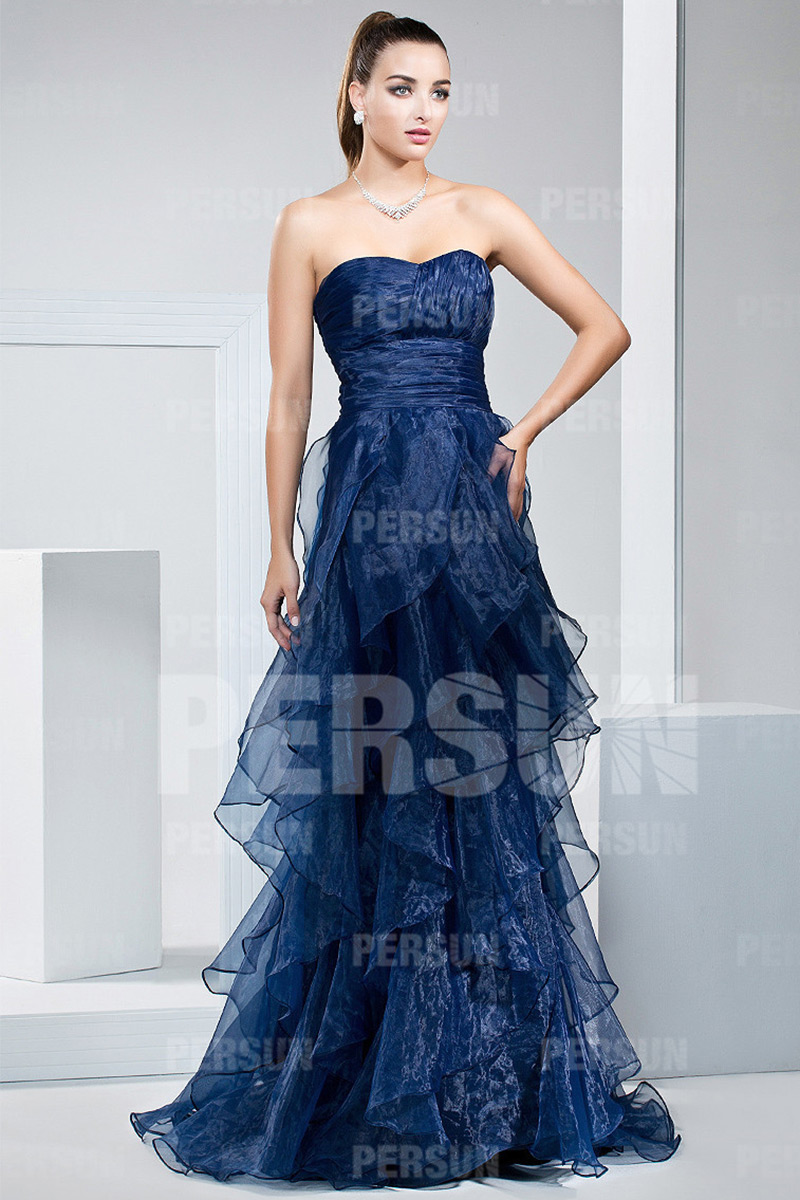 Pretty Organza Strapless Ruffles Blue Formal Dress