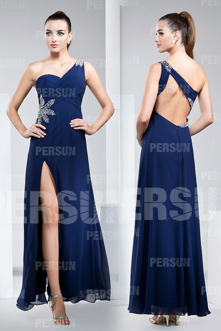 Sexy Side Slit Blue Tone Ruching Formal Evening Dress