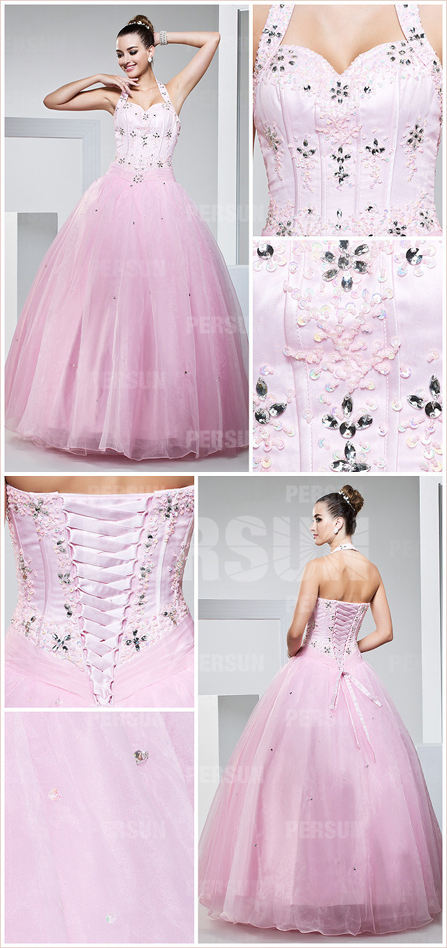  Gorgeous pink tulle halter princess formal dress with rhinestones detail design