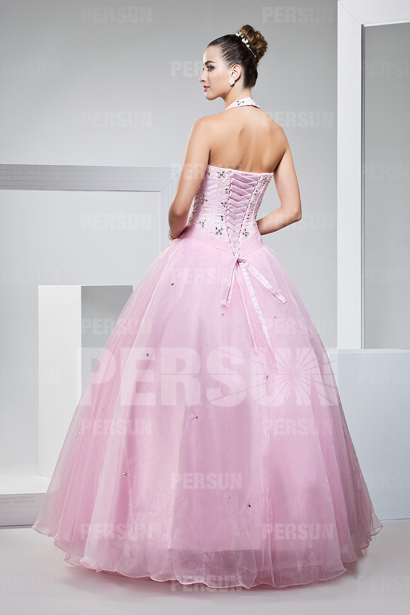 Halter princess formal dress with rhinestones