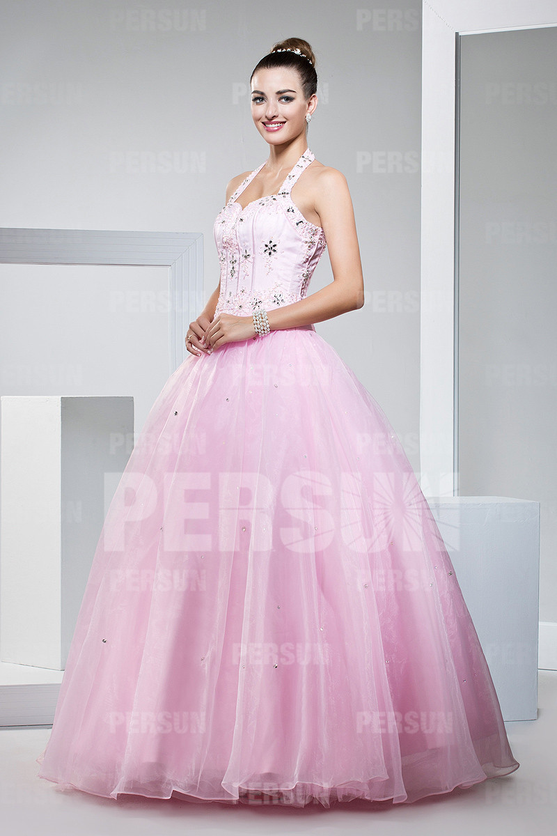 Halter princess formal dress with rhinestones