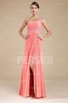Chic One Shoulder Beading Side Slit Pink Floor Length Formal Dress